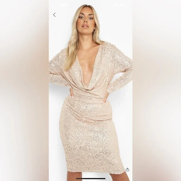Boohoo Plus | Dresses | Gold Sequin Cowl Neck Dress | Poshmark